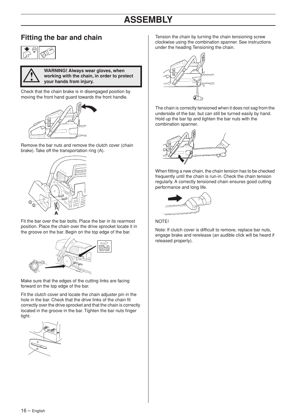 Fitting the bar and chain, Assembly | Husqvarna 340e User Manual | Page 16 / 44