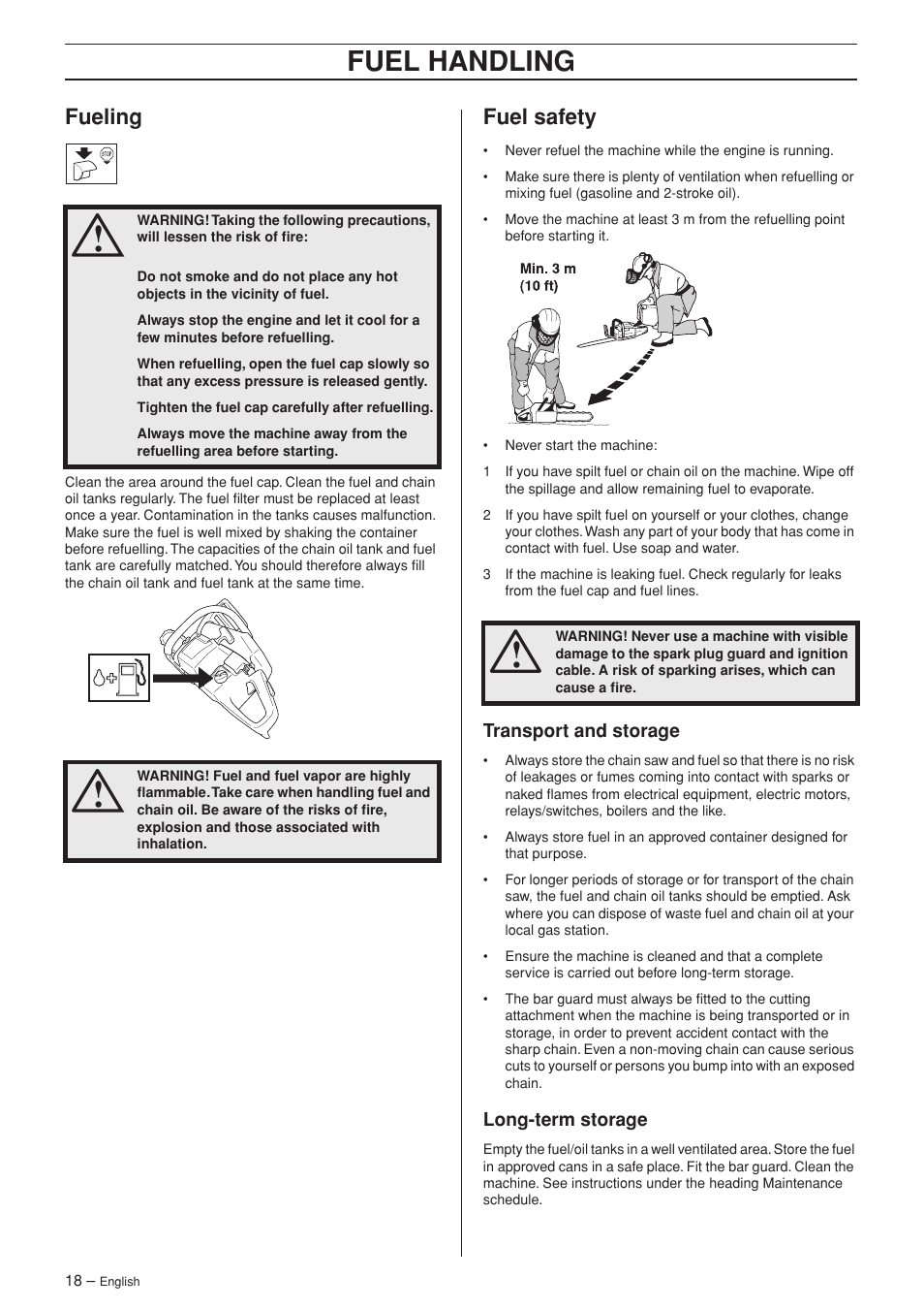 Fueling, Fuel safety, Transport and storage | Long-term storage, Fuel handling | Husqvarna 340e User Manual | Page 18 / 44