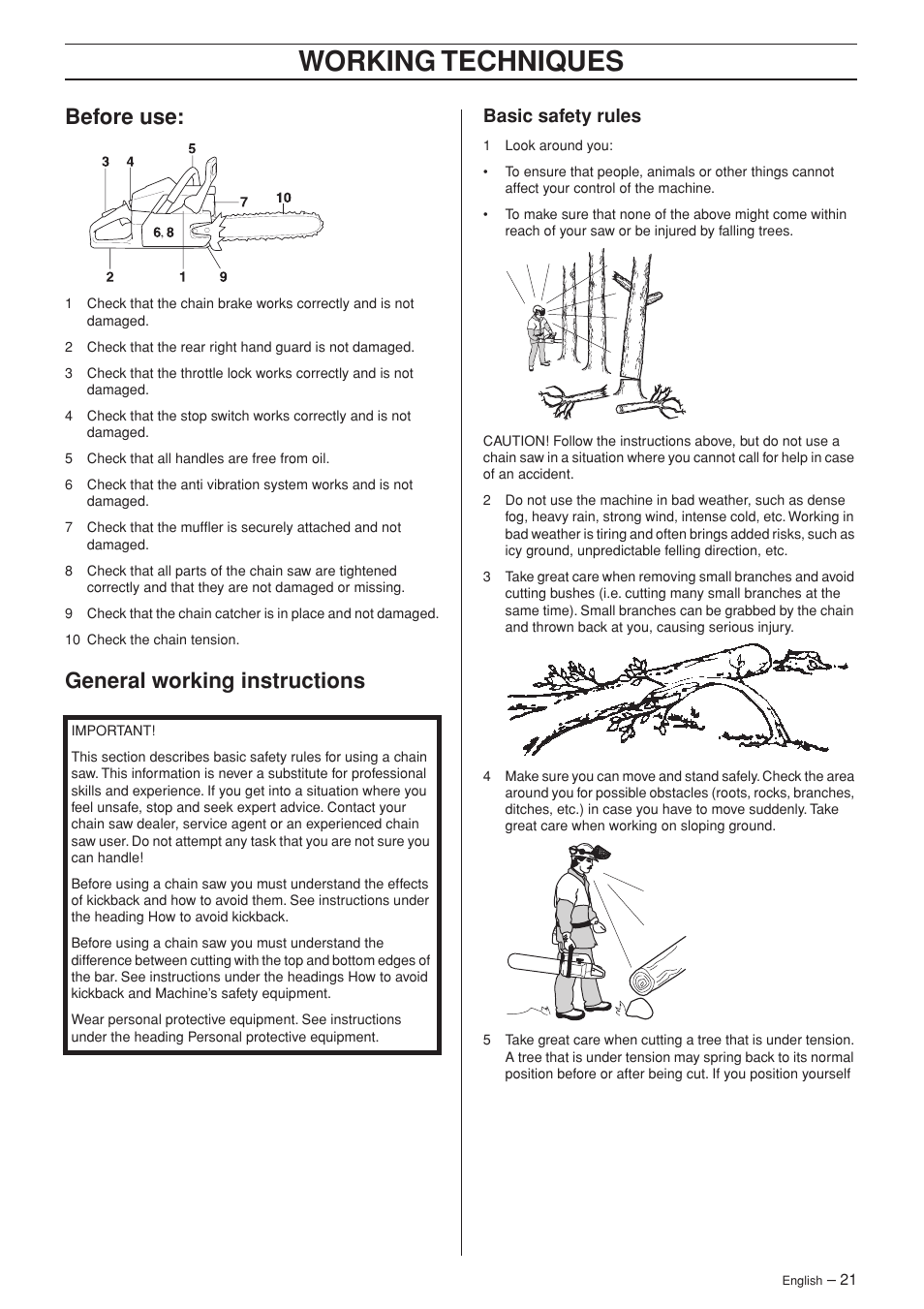 Before use, General working instructions, Basic safety rules | Working techniques | Husqvarna 340e User Manual | Page 21 / 44