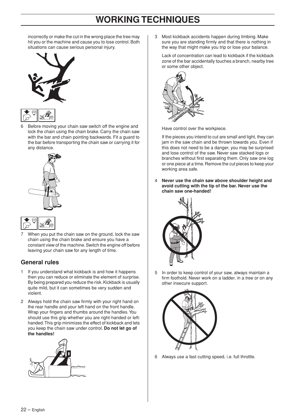 General rules, Working techniques | Husqvarna 340e User Manual | Page 22 / 44