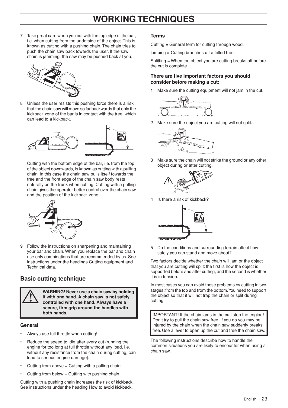 Basic cutting technique, Working techniques | Husqvarna 340e User Manual | Page 23 / 44