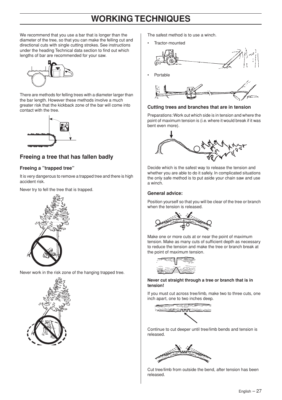 Freeing a tree that has fallen badly, Working techniques | Husqvarna 340e User Manual | Page 27 / 44
