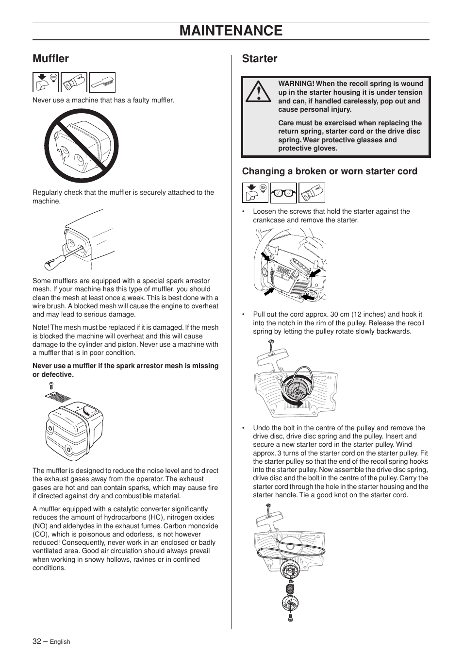 Muffler, Starter, Changing a broken or worn starter cord | Maintenance | Husqvarna 340e User Manual | Page 32 / 44