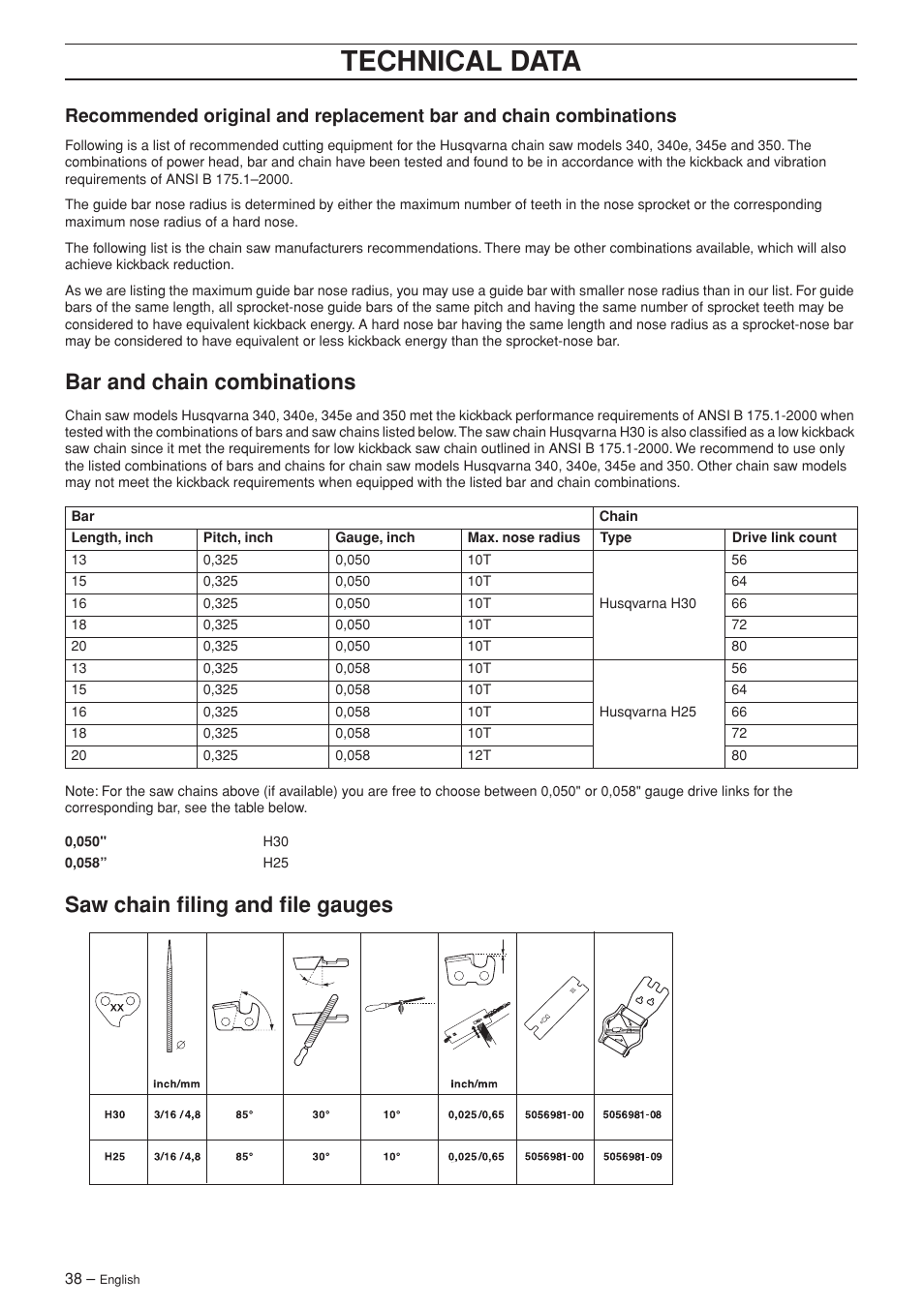Bar and chain combinations, Saw chain filing and file gauges, Technical data | Husqvarna 340e User Manual | Page 38 / 44
