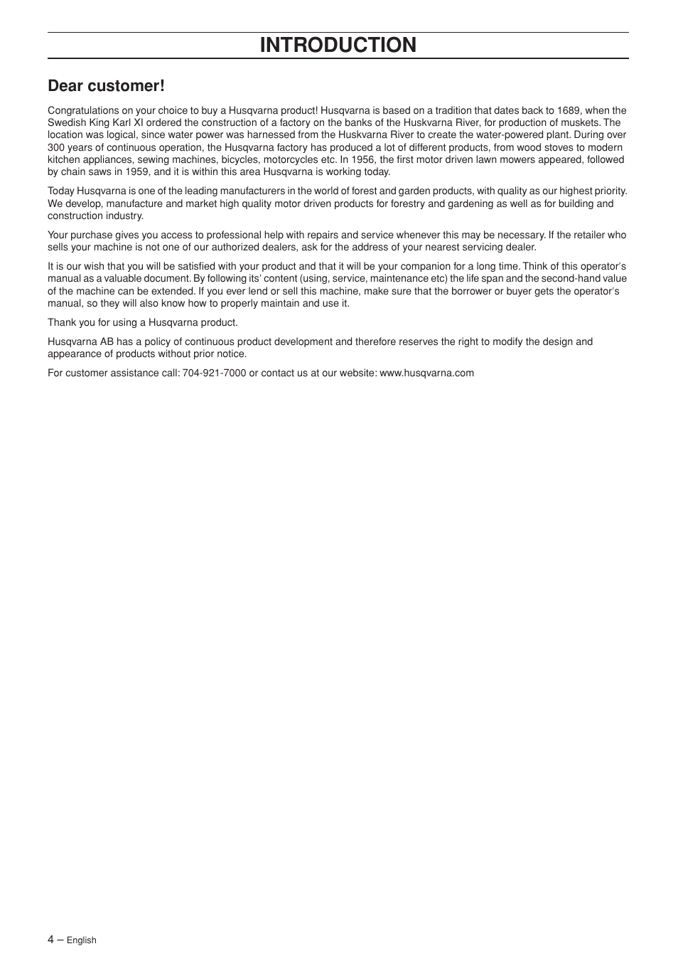 Dear customer, Intr oduction | Husqvarna 340e User Manual | Page 4 / 44