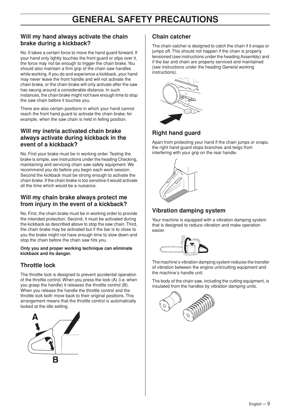 Throttle lock, Chain catcher, Right hand guard | Vibration damping system, General safety preca utions | Husqvarna 340e User Manual | Page 9 / 44