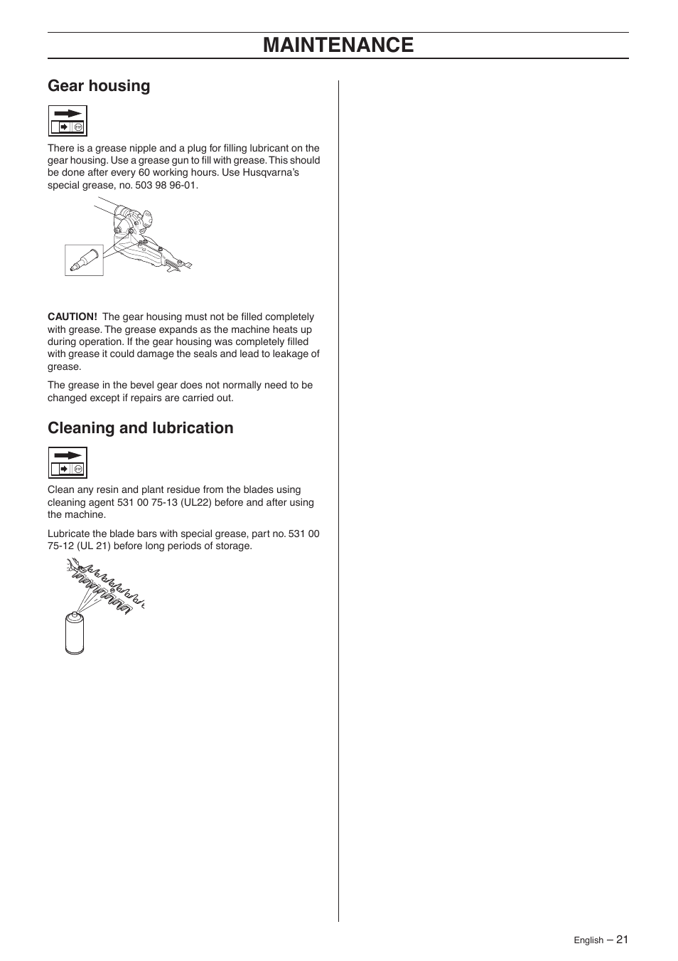 Gear housing, Cleaning and lubrication, Maintenance | Husqvarna 326HDA55X-Series User Manual | Page 21 / 24