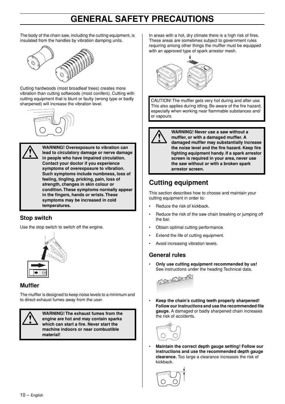 Stop switch, Muffler, Cutting equipment | General rules, General safety precautions | Husqvarna 362XP User Manual | Page 10 / 44