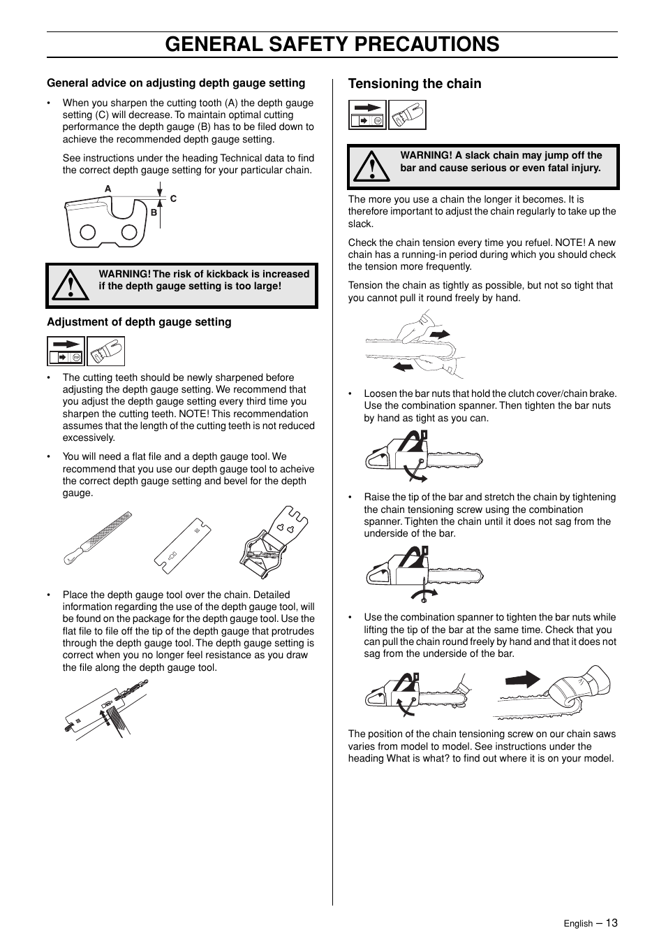 Tensioning the chain, General safety precautions | Husqvarna 362XP User Manual | Page 13 / 44