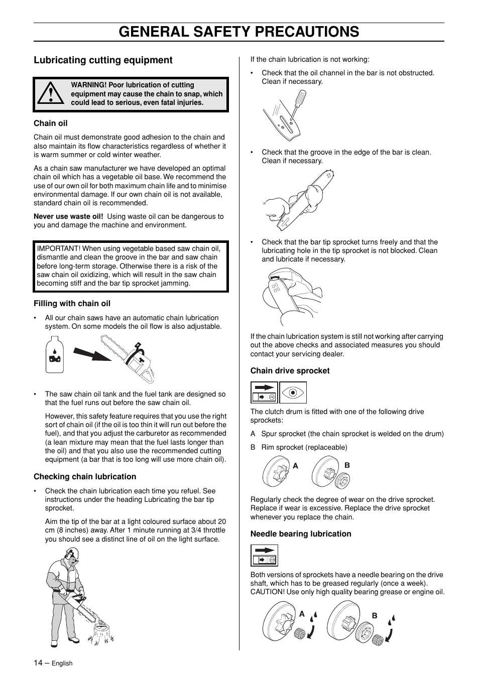 Lubricating cutting equipment, General safety precautions | Husqvarna 362XP User Manual | Page 14 / 44