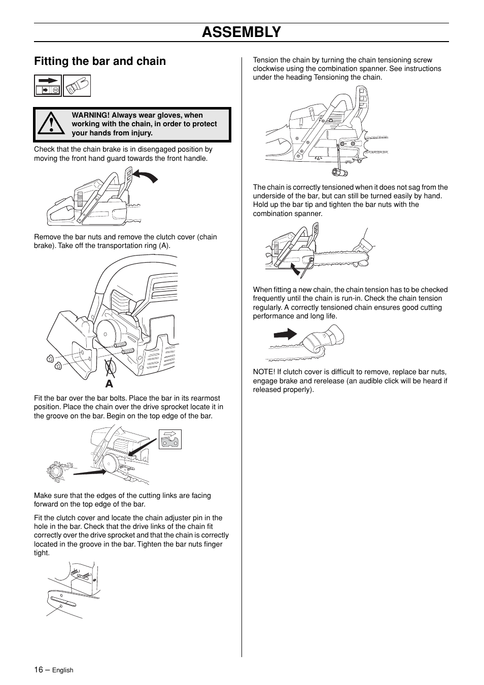 Fitting the bar and chain, Assembly | Husqvarna 362XP User Manual | Page 16 / 44