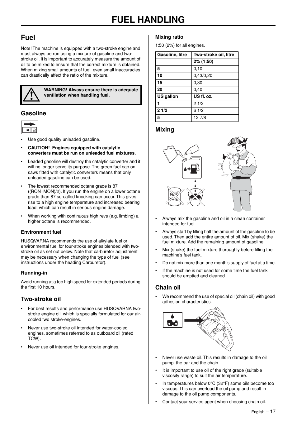 Fuel, Gasoline, Two-stroke oil | Mixing, Chain oil, Fuel handling | Husqvarna 362XP User Manual | Page 17 / 44