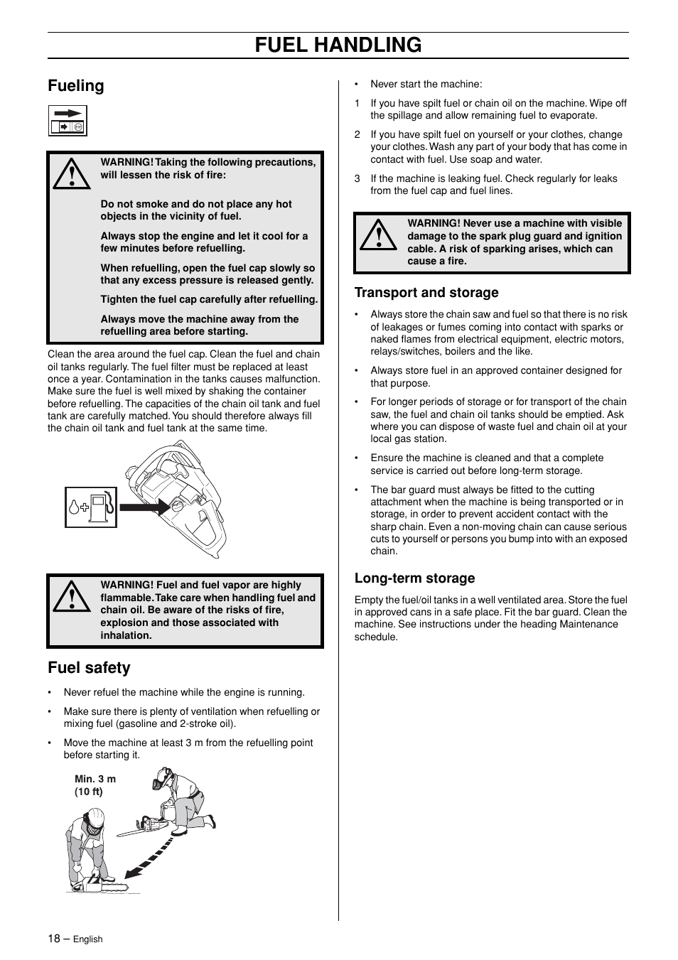 Fueling, Fuel safety, Transport and storage | Long-term storage, Fuel handling | Husqvarna 362XP User Manual | Page 18 / 44