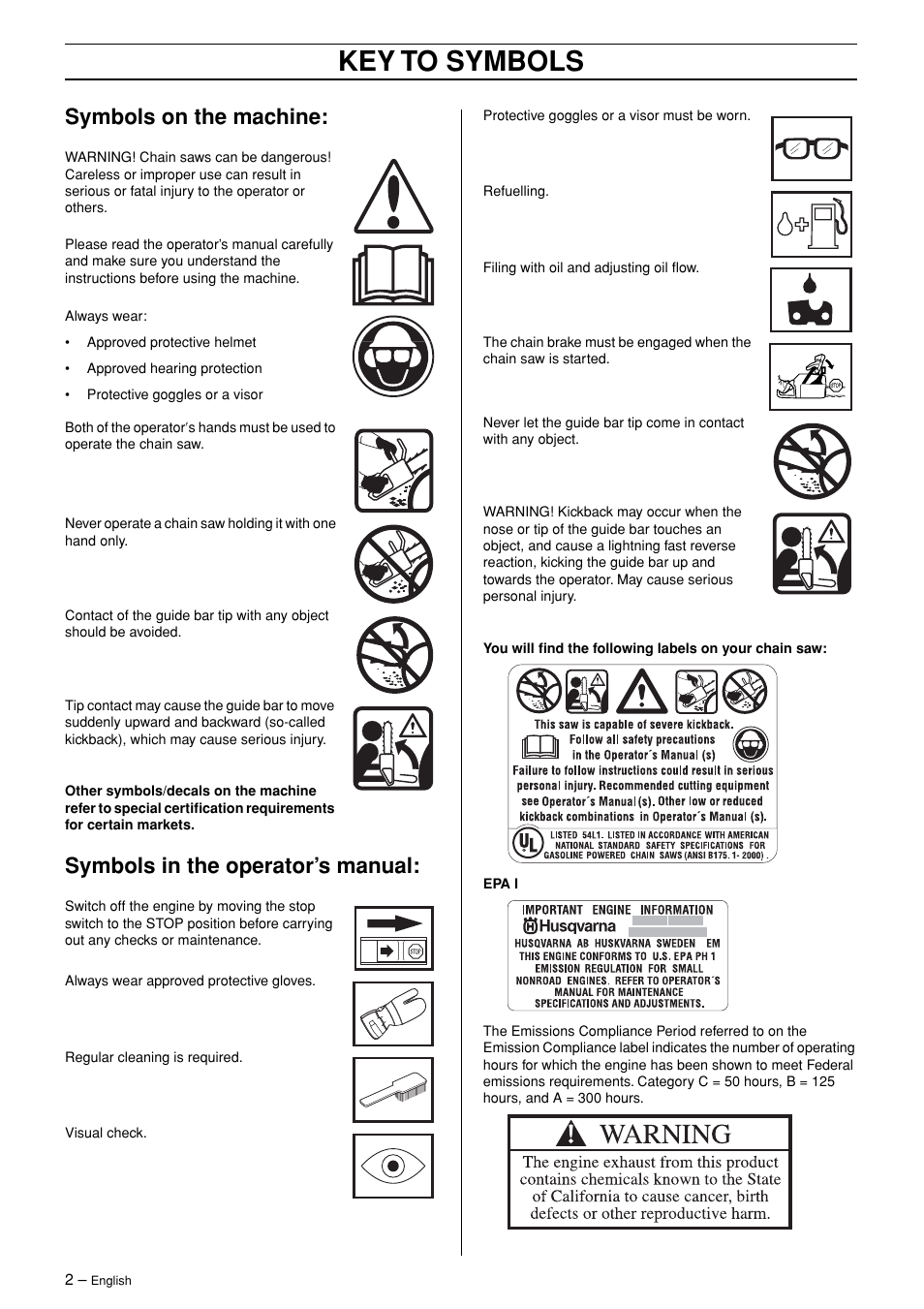 Symbols on the machine, Symbols in the operator’s manual, Key to symbols | Husqvarna 362XP User Manual | Page 2 / 44