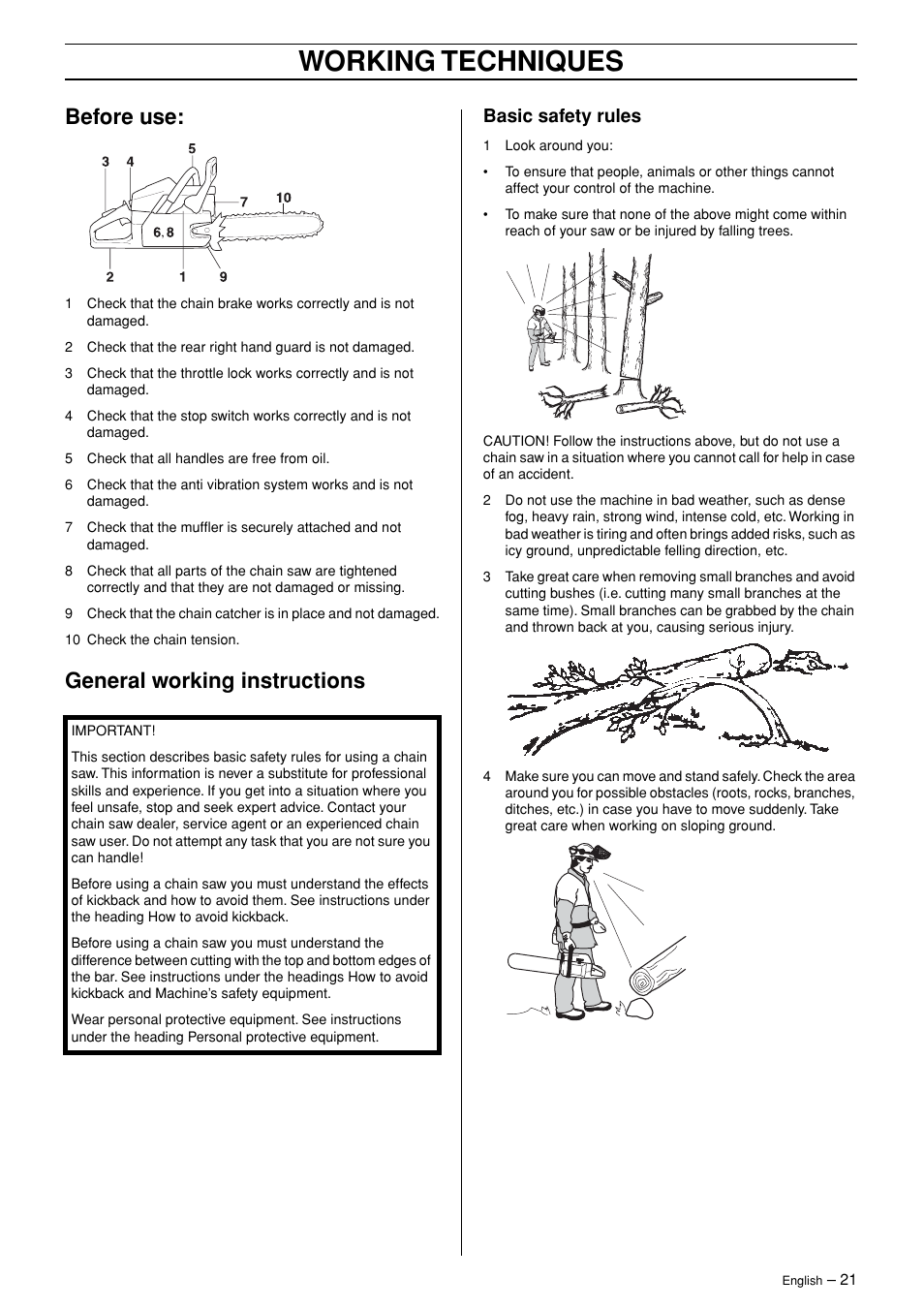 Before use, General working instructions, Basic safety rules | Working techniques | Husqvarna 362XP User Manual | Page 21 / 44