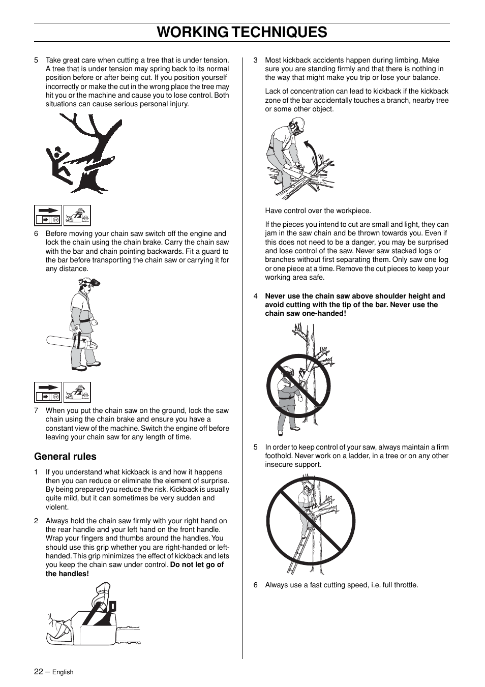 General rules, Working techniques | Husqvarna 362XP User Manual | Page 22 / 44