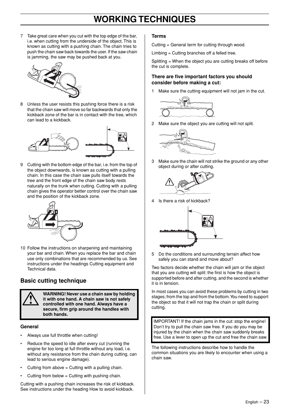 Basic cutting technique, Working techniques | Husqvarna 362XP User Manual | Page 23 / 44