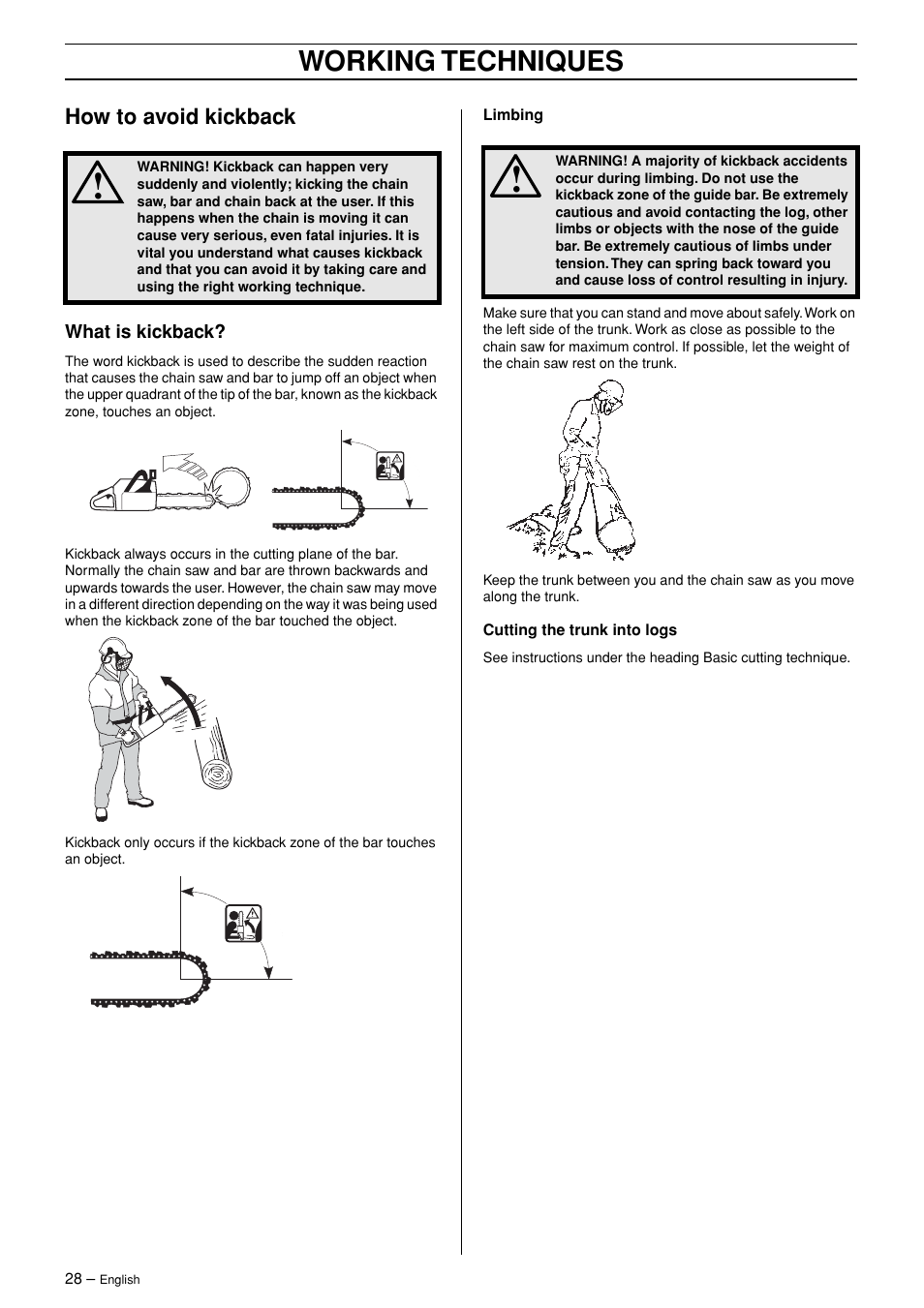 How to avoid kickback, What is kickback, Working techniques | Husqvarna 362XP User Manual | Page 28 / 44