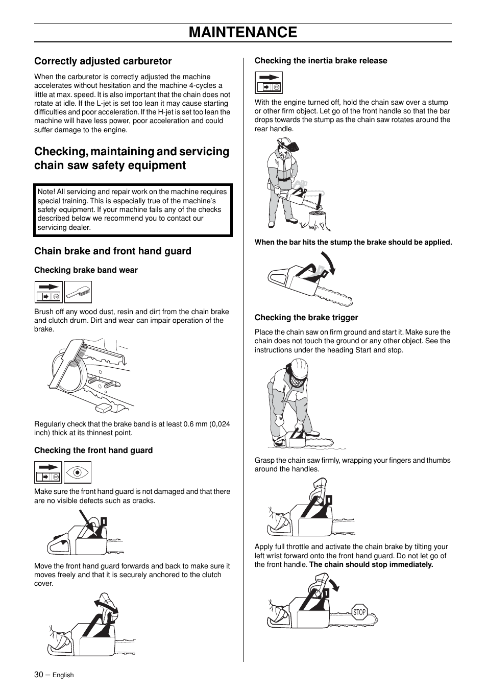 Correctly adjusted carburetor, Chain brake and front hand guard, Maintenance | Husqvarna 362XP User Manual | Page 30 / 44