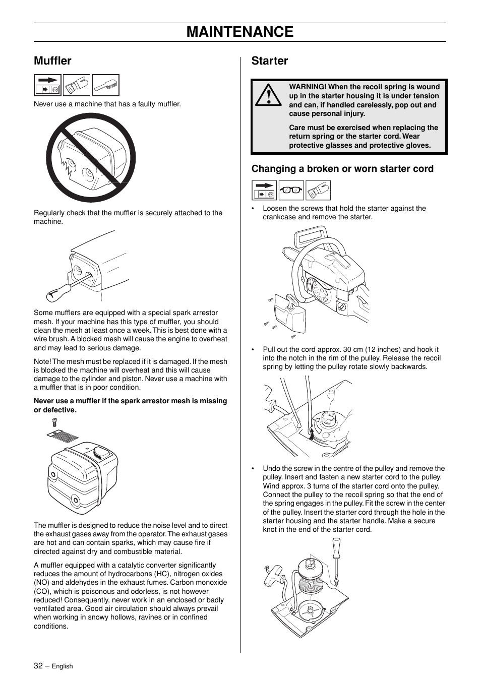 Muffler, Starter, Changing a broken or worn starter cord | Maintenance | Husqvarna 362XP User Manual | Page 32 / 44