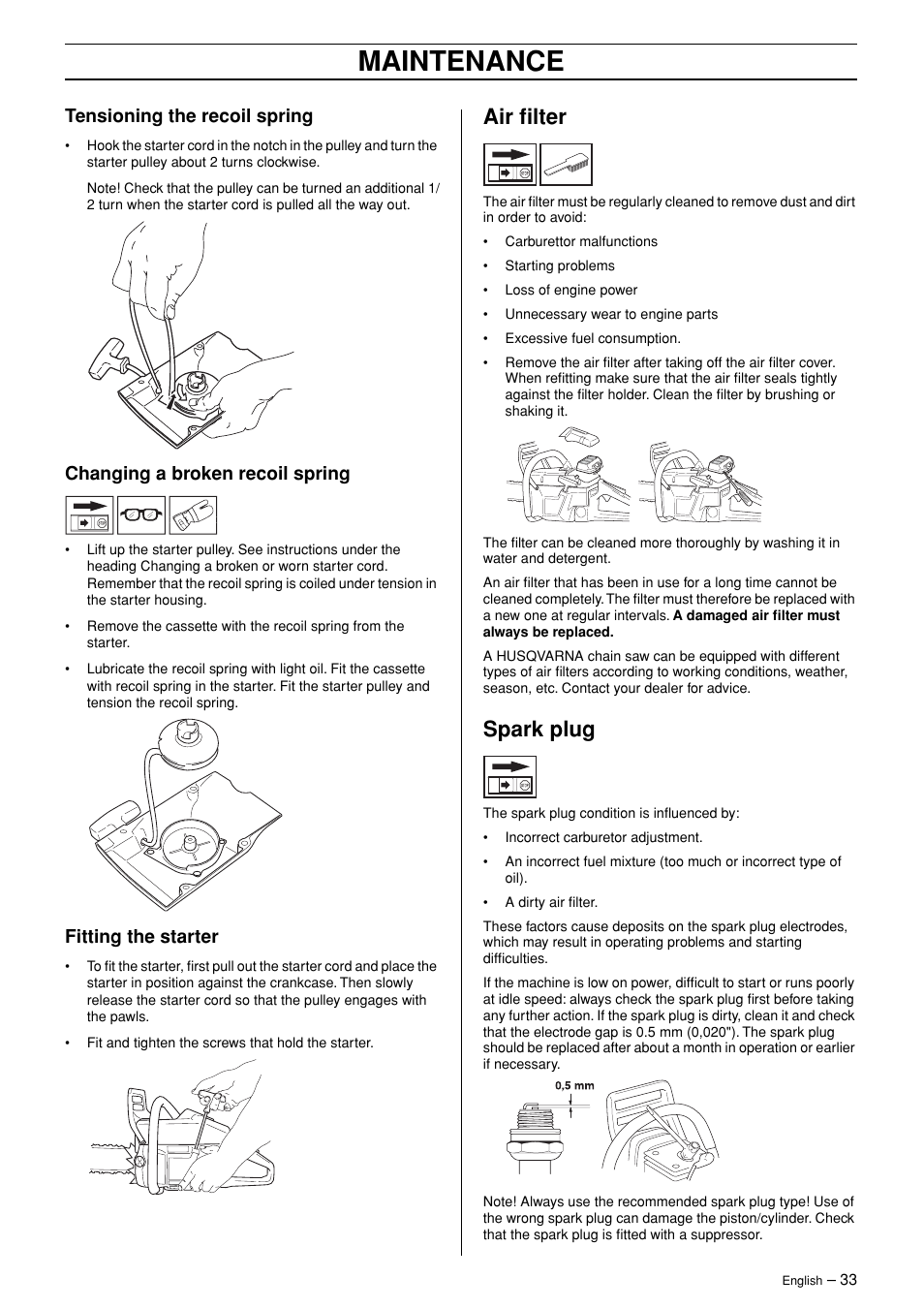 Tensioning the recoil spring, Changing a broken recoil spring, Fitting the starter | Air filter, Spark plug, Maintenance | Husqvarna 362XP User Manual | Page 33 / 44