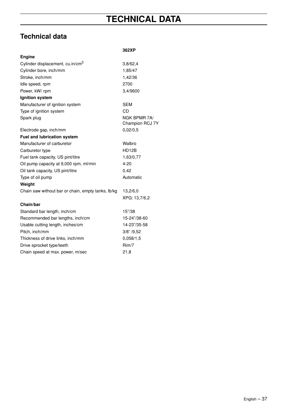Technical data | Husqvarna 362XP User Manual | Page 37 / 44