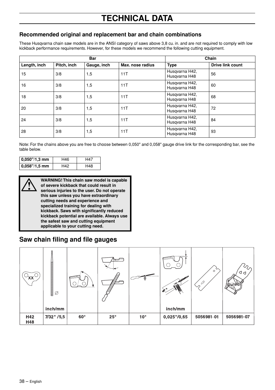 Saw chain filing and file gauges, Technical data | Husqvarna 362XP User Manual | Page 38 / 44
