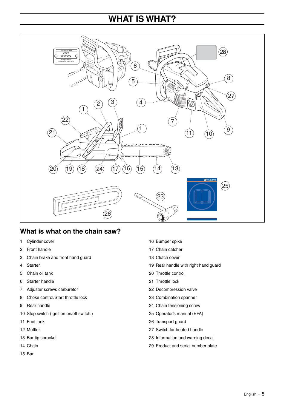 What is what, What is what on the chain saw | Husqvarna 362XP User Manual | Page 5 / 44