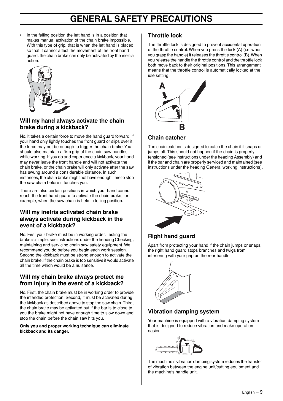 Throttle lock, Chain catcher, Right hand guard | Vibration damping system, General safety precautions | Husqvarna 362XP User Manual | Page 9 / 44