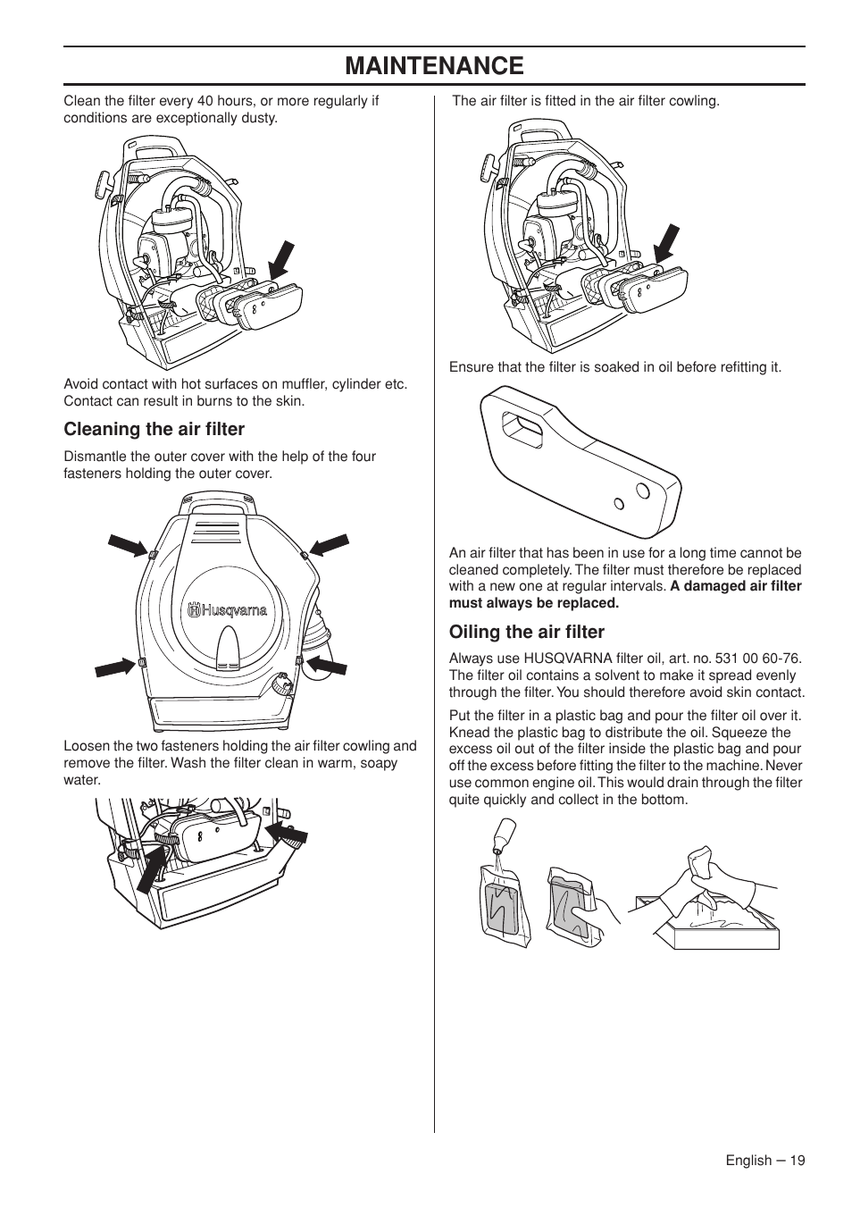 Cleaning the air filter, Oiling the air filter, Maintenance | Husqvarna 1153191-26 User Manual | Page 19 / 24