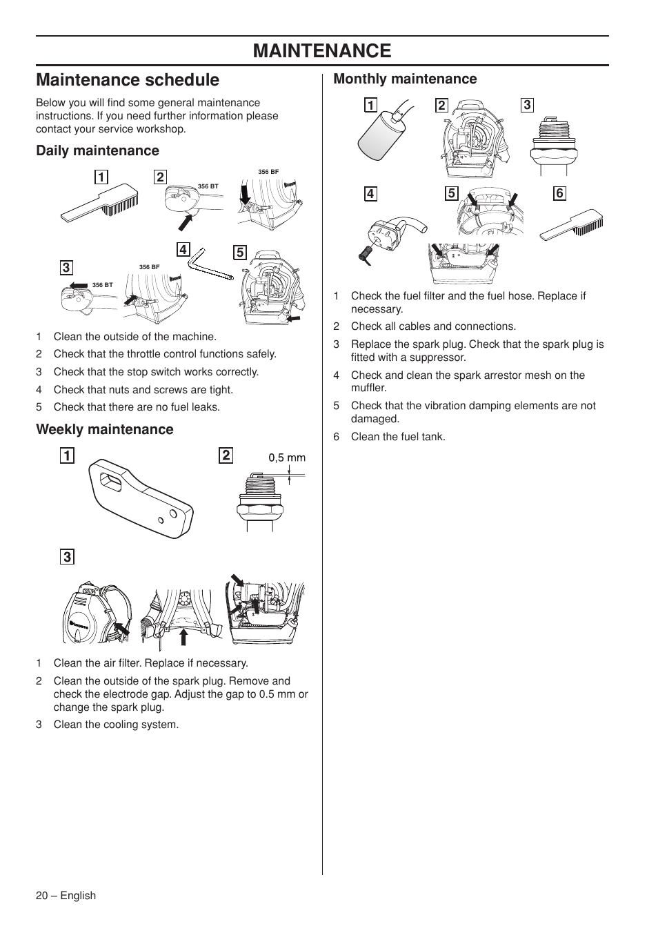 Maintenance schedule, Daily maintenance, Weekly maintenance | Monthly maintenance, Maintenance | Husqvarna 1153191-26 User Manual | Page 20 / 24