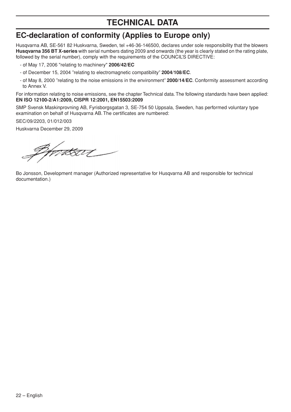 Technical data | Husqvarna 1153191-26 User Manual | Page 22 / 24