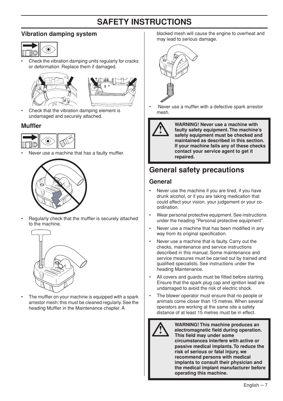 Vibration damping system, Muffler, General safety precautions | General, Safety instr uctions | Husqvarna 1153191-26 User Manual | Page 7 / 24