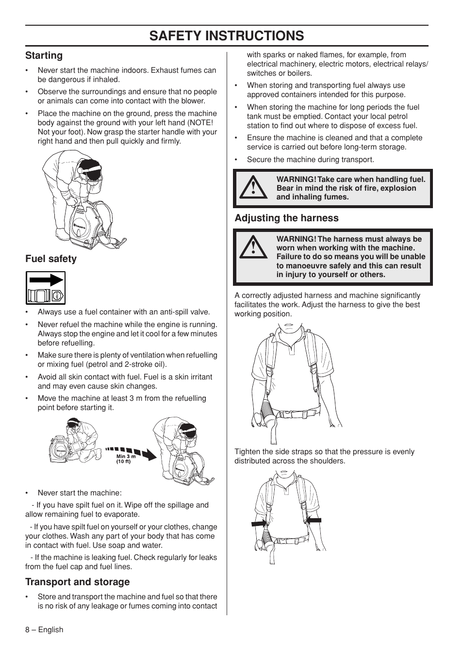 Starting, Fuel safety, Transport and storage | Adjusting the harness, Safety instructions | Husqvarna 1153191-26 User Manual | Page 8 / 24