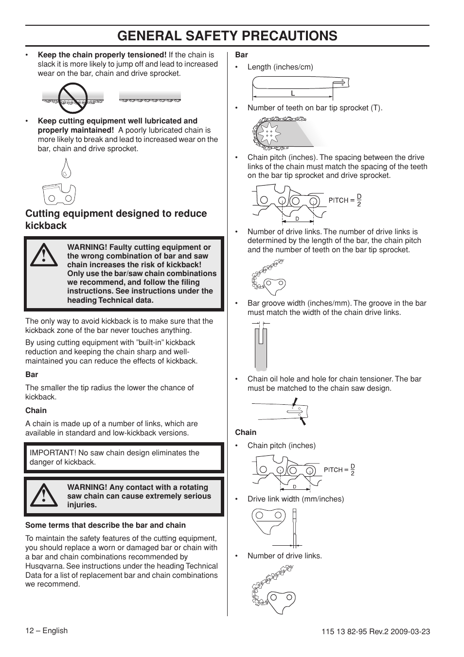 General safety precautions, Cutting equipment designed to reduce kickback | Husqvarna 115 13 82-95 User Manual | Page 12 / 44