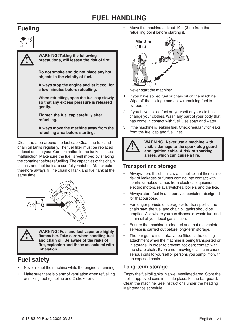 Fuel handling, Fueling, Fuel safety | Husqvarna 115 13 82-95 User Manual | Page 21 / 44