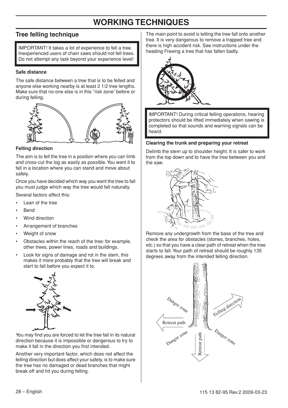 Working techniques, Tree felling technique | Husqvarna 115 13 82-95 User Manual | Page 28 / 44
