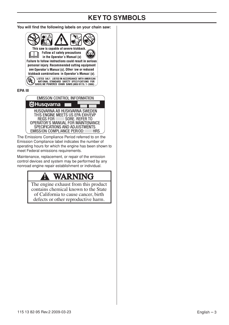 Key to symbols | Husqvarna 115 13 82-95 User Manual | Page 3 / 44