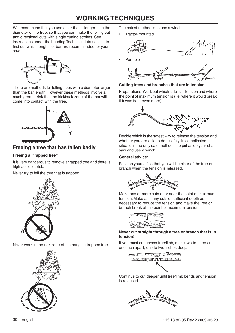 Working techniques, Freeing a tree that has fallen badly | Husqvarna 115 13 82-95 User Manual | Page 30 / 44