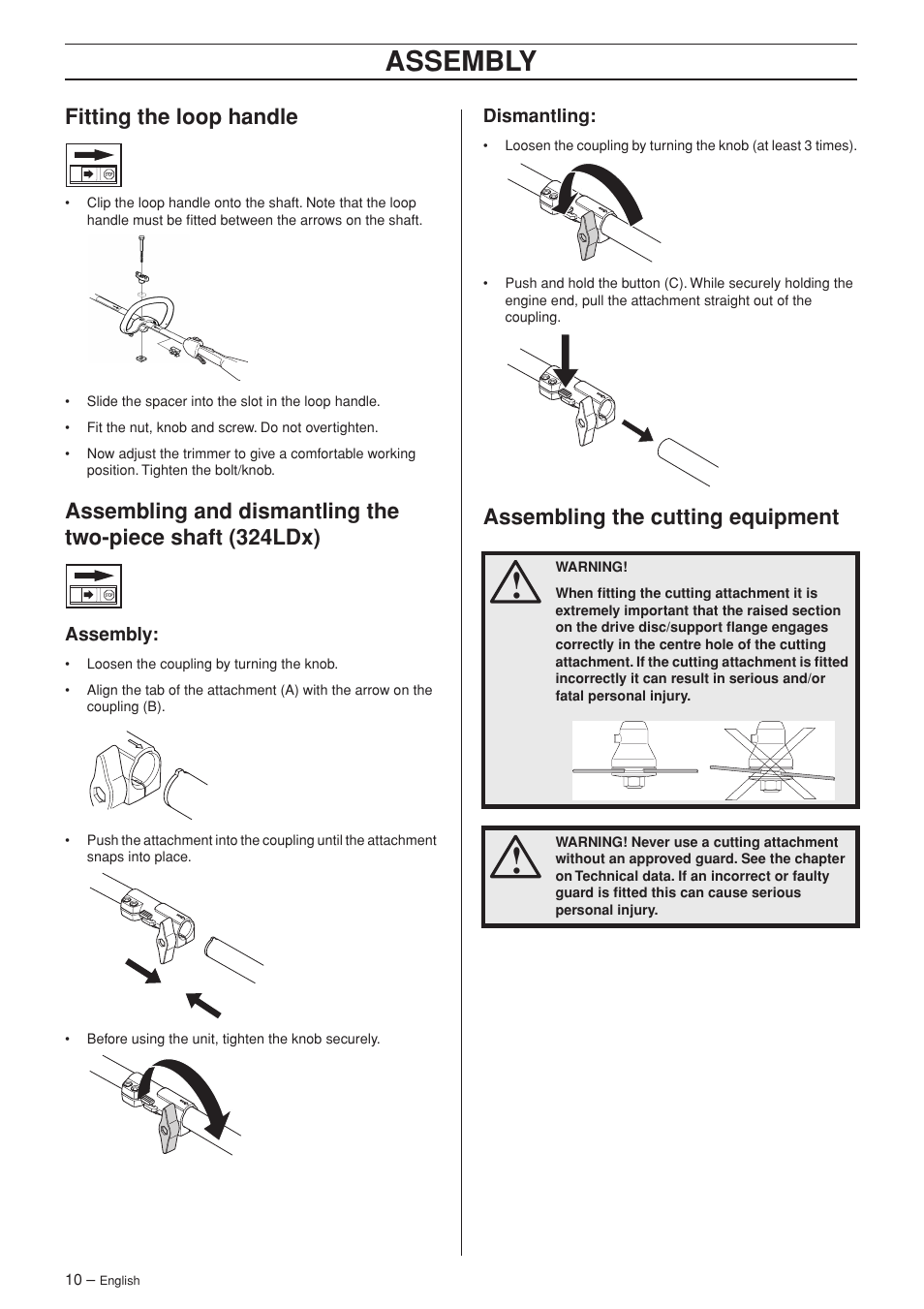 Fitting the loop handle, Assembly, Dismantling | Assembling the cutting equipment | Husqvarna 324LDX User Manual | Page 10 / 28