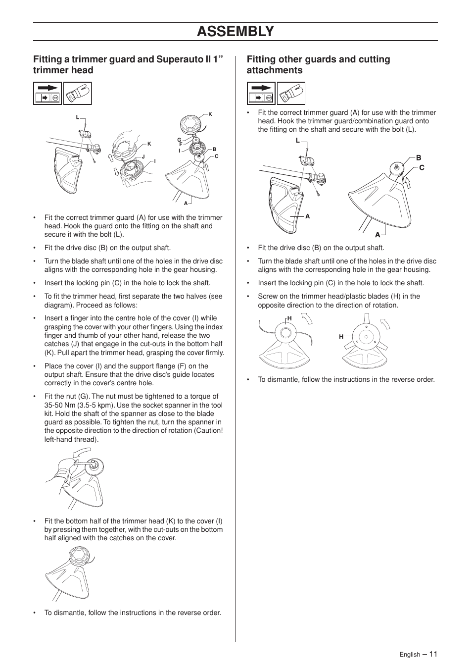 Fitting other guards and cutting attachments, Assembly | Husqvarna 324LDX User Manual | Page 11 / 28