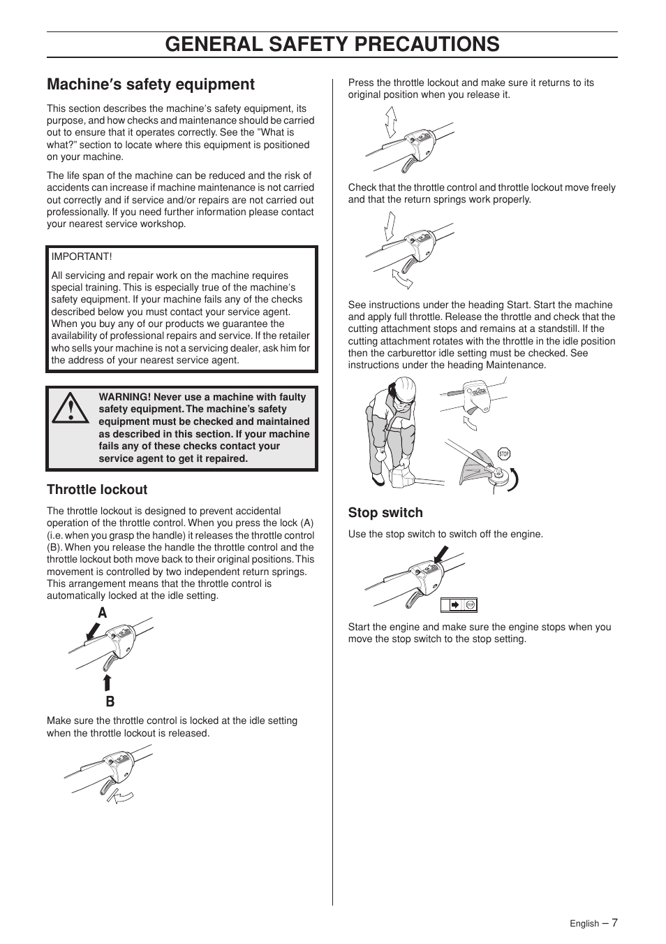 Machine¢s safety equipment, Throttle lockout, Stop switch | General safety preca utions, Mac hine ′′′′ s safety equipment | Husqvarna 324LDX User Manual | Page 7 / 28