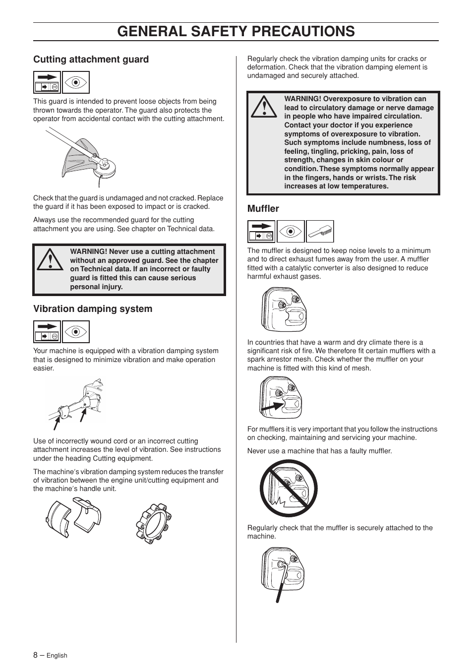 Cutting attachment guard, Vibration damping system, Muffler | General safety precautions | Husqvarna 324LDX User Manual | Page 8 / 28
