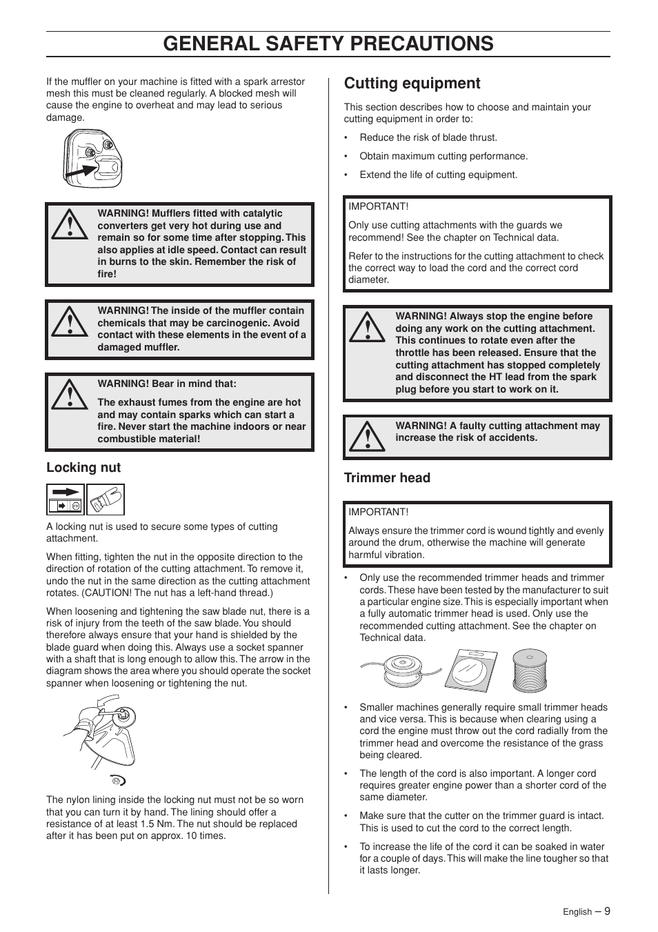 Locking nut, Cutting equipment, Trimmer head | General safety precautions | Husqvarna 324LDX User Manual | Page 9 / 28