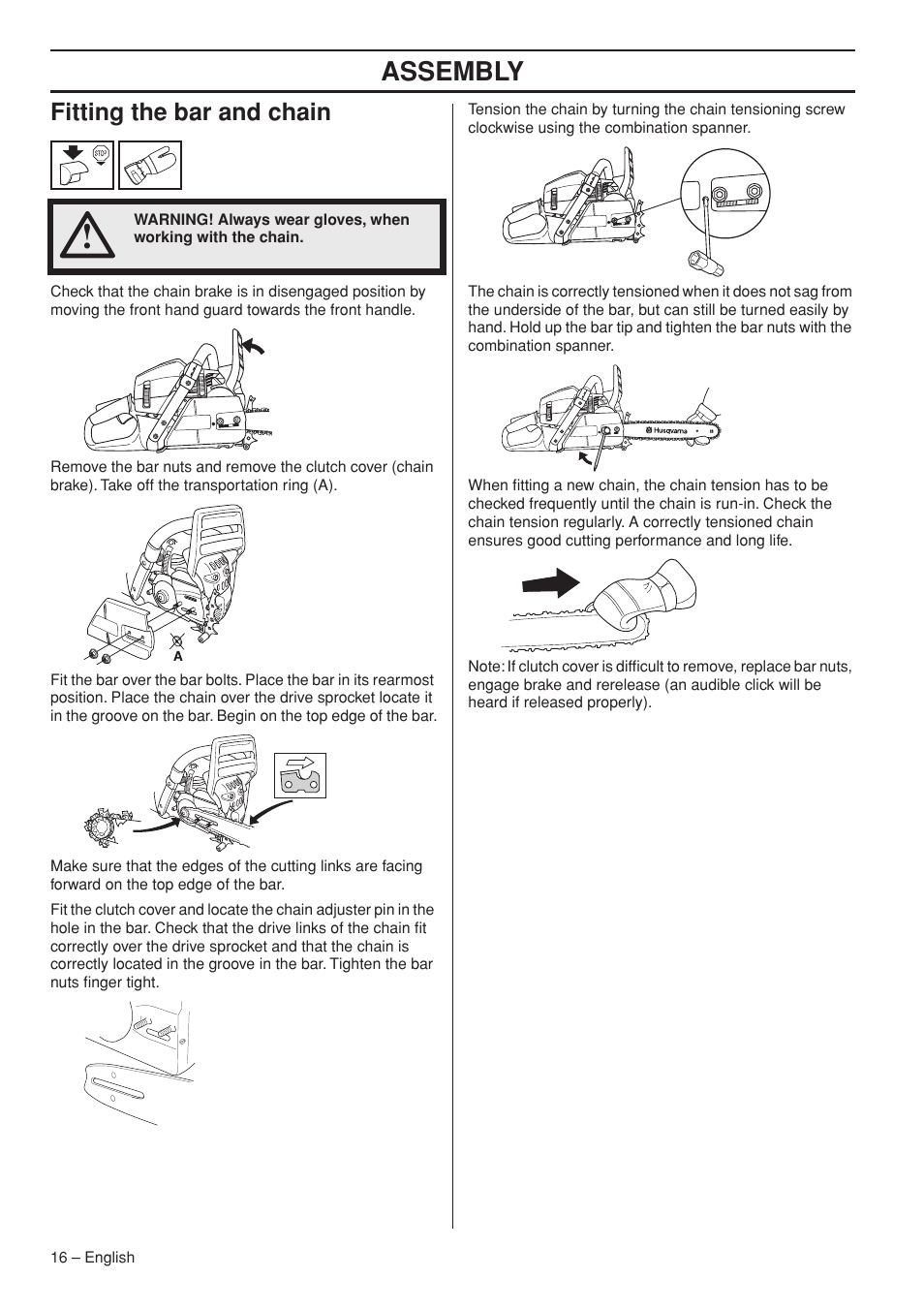 Fitting the bar and chain, Assembly | Husqvarna 570 EPA II User Manual | Page 16 / 44