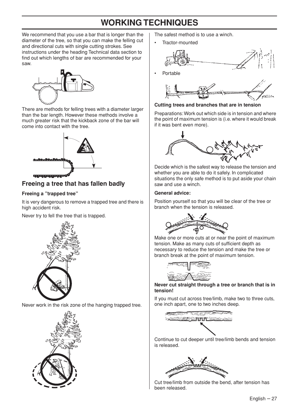 Freeing a tree that has fallen badly, Working techniques | Husqvarna 570 EPA II User Manual | Page 27 / 44