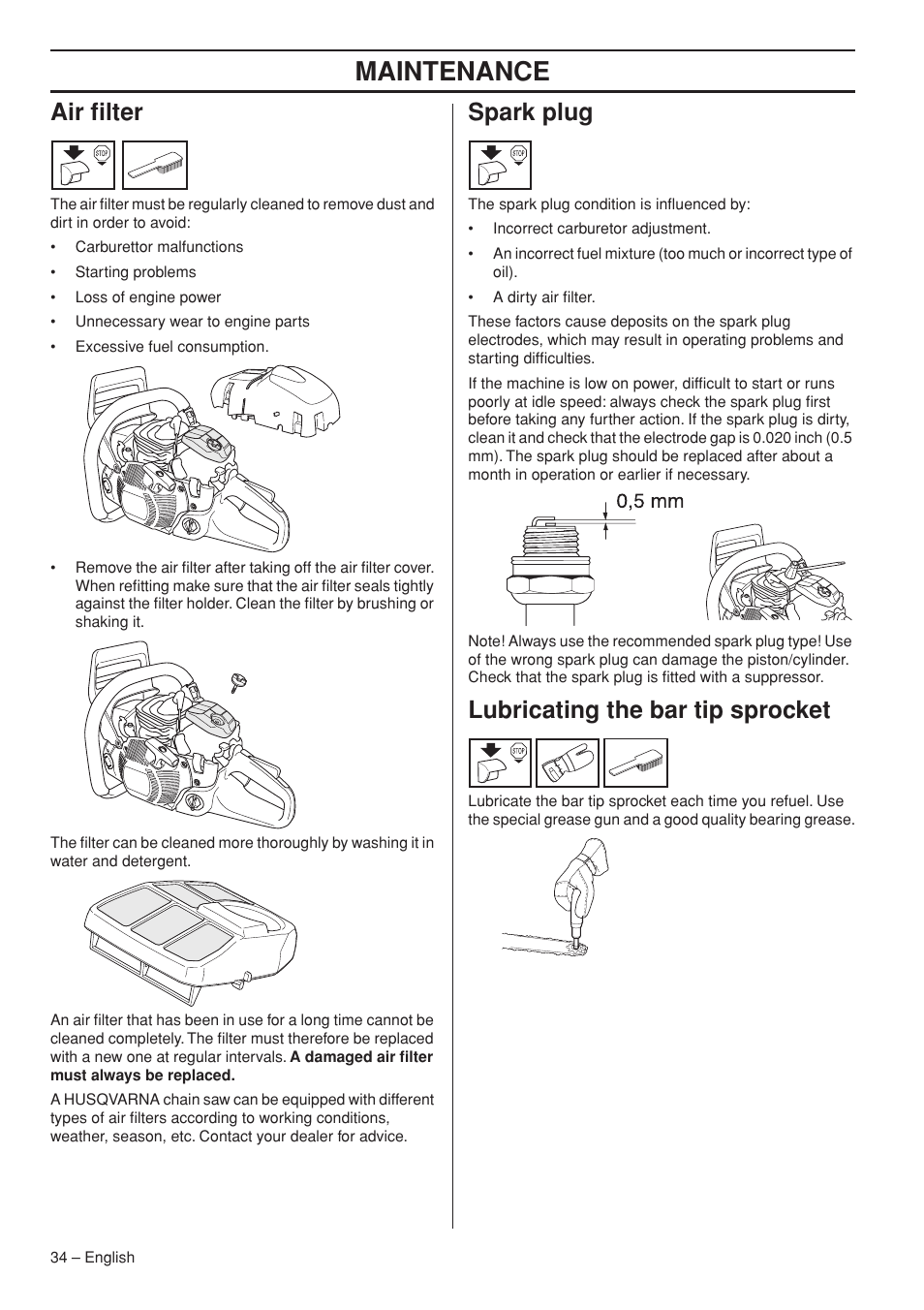 Air filter, Spark plug, Lubricating the bar tip sprocket | Maintenance | Husqvarna 570 EPA II User Manual | Page 34 / 44