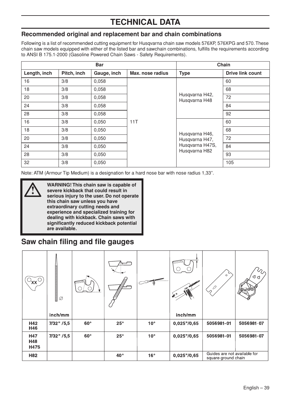 Saw chain filing and file gauges, Technical data | Husqvarna 570 EPA II User Manual | Page 39 / 44