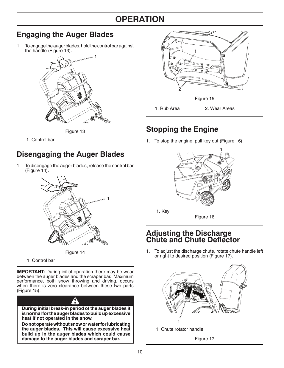 Operation, Stopping the engine, Adjusting the discharge chute and chute deflector | Engaging the auger blades, Disengaging the auger blades | Husqvarna Walk-Behind Snow Thrower ST 121E/96183000100 User Manual | Page 10 / 40