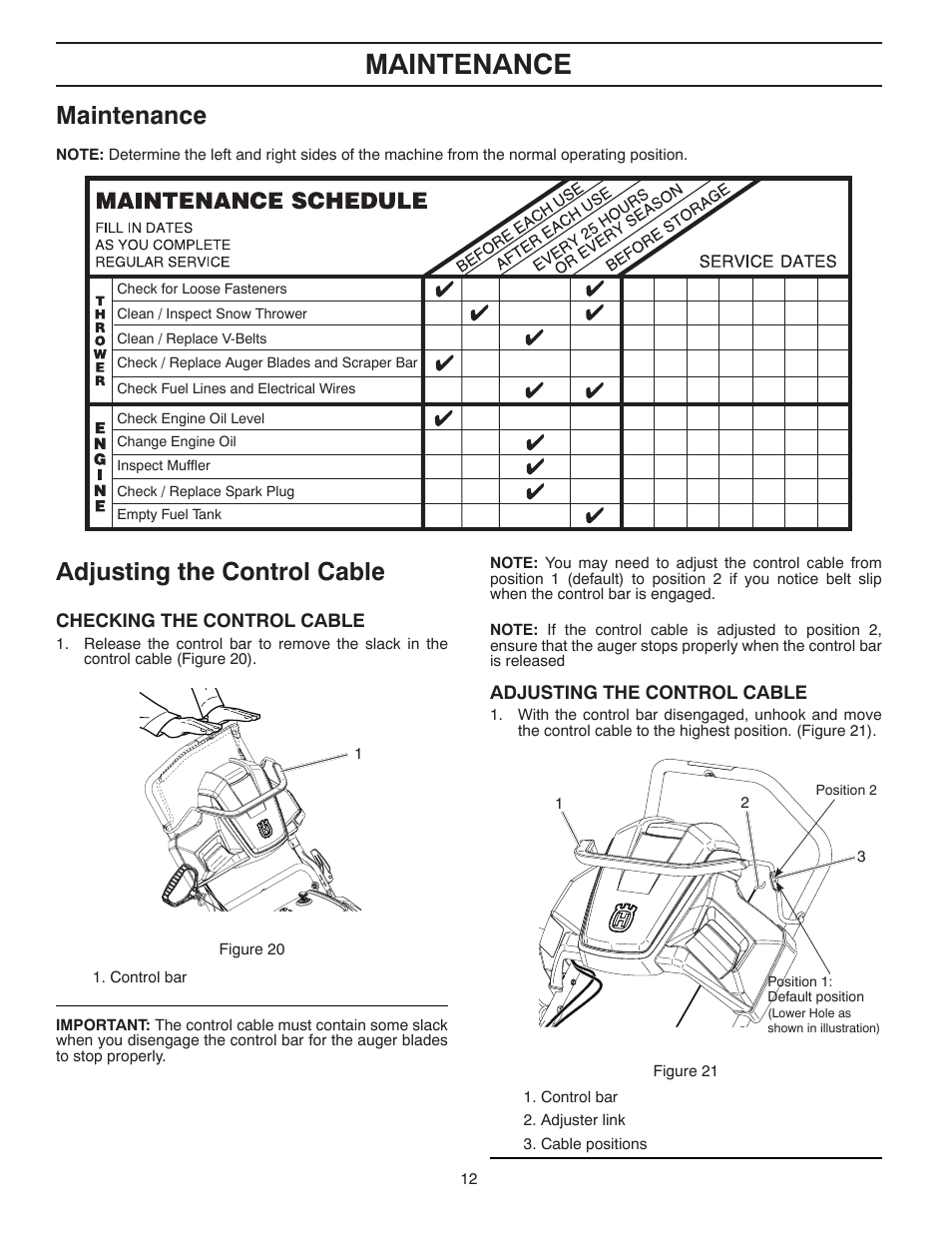 Maintenance, Adjusting the control cable | Husqvarna Walk-Behind Snow Thrower ST 121E/96183000100 User Manual | Page 12 / 40